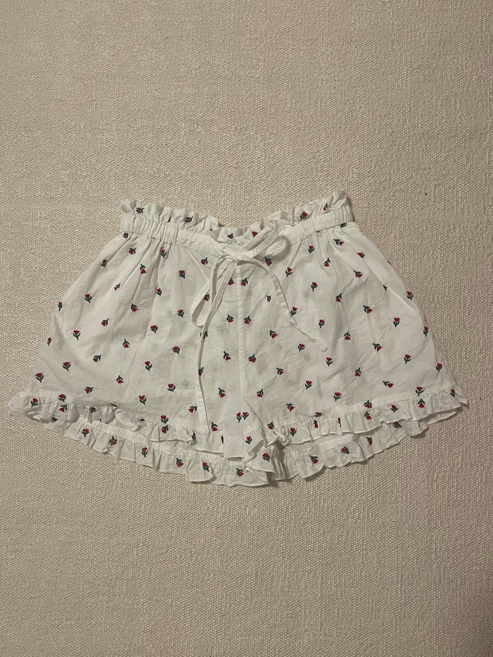 La Maregold White with Rose Print Ruffle Tie Shorts